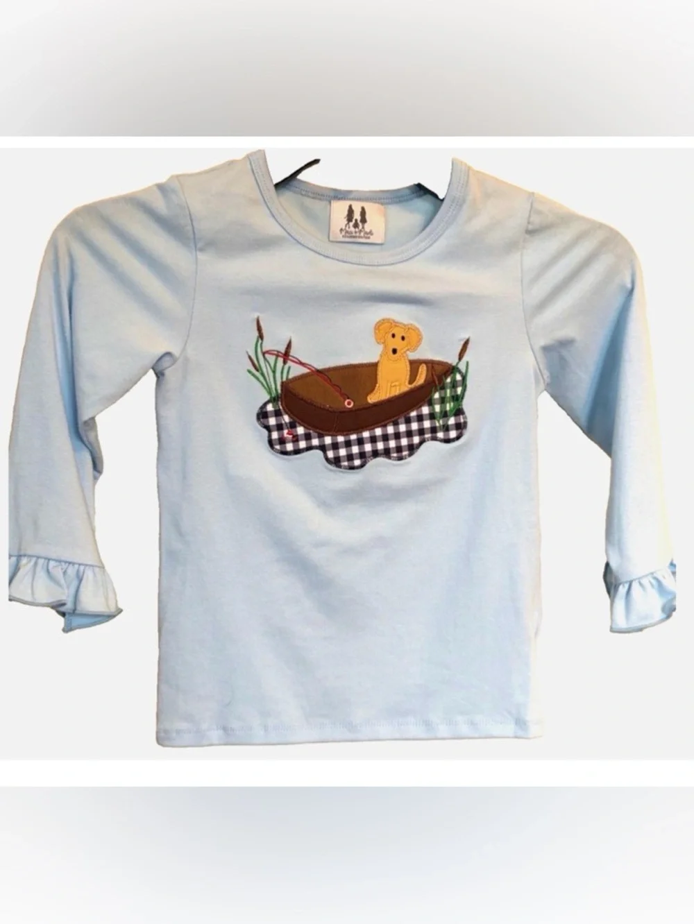 Maci & Madi Dog Canoe Applique Outfit Set Girls 5T Blue Gingham Fall Boutique